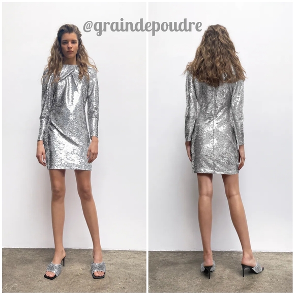 Zara Dresses Zara Silver Iridescent Fishscale Sequin Cape Neckline